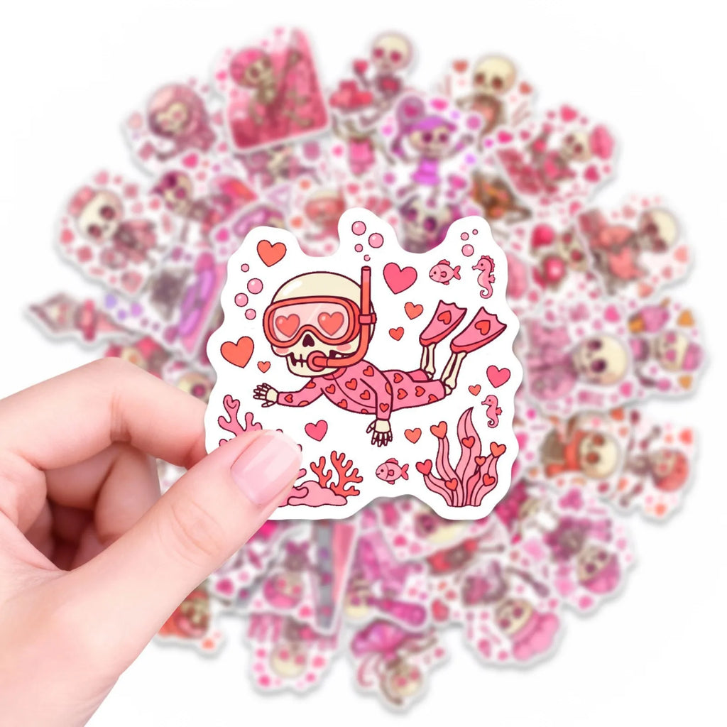 50/100 Pcs Pink Valentine Fun Skull Stickers Funny Heart Skeleton Waterproof DIY for Cup Phone Laptop Diary Helmet Decals