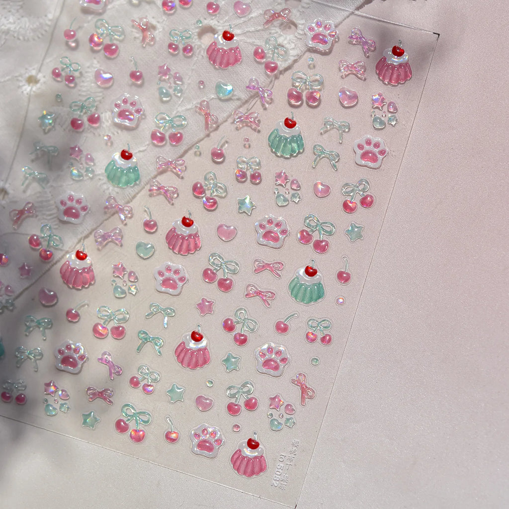 1pcs Cute 5D Jelly Nail Stickers Dessert Fruit Cherry Pink Claw Print Bowknot Love Nail Art Sticker Adhesive Manicure Decals DIY