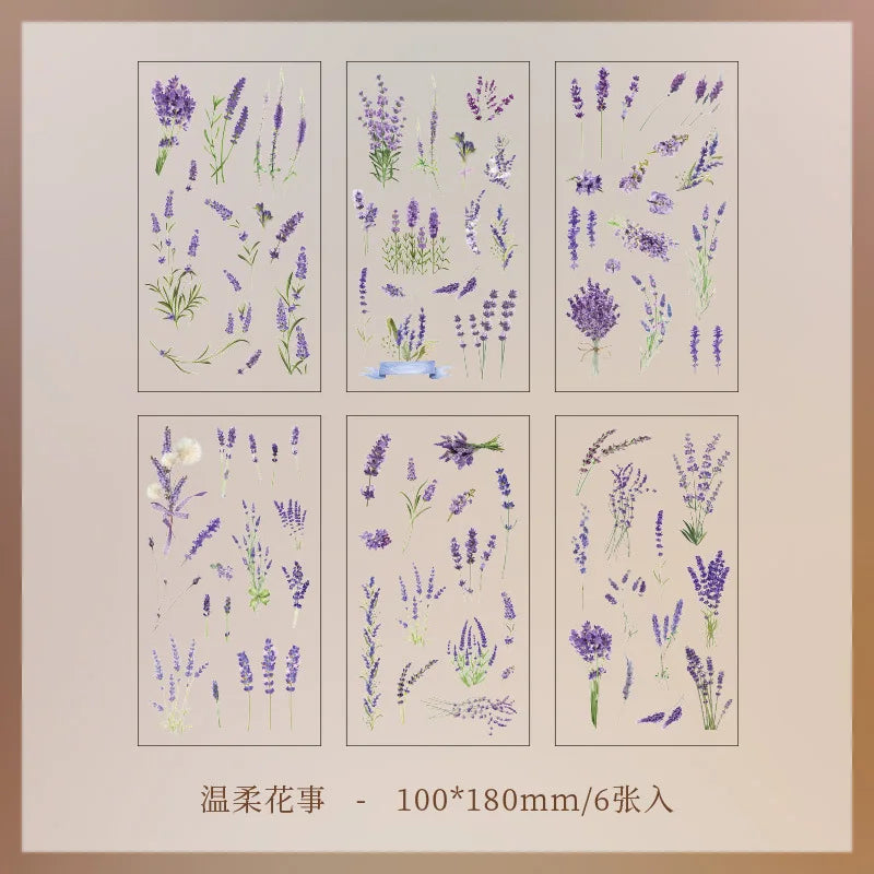 6pcs/pack Transparent PET Stickers Scrapbooking Materials DIY Junk Journal Collage Floral Leaves Plants Decor Stickers
