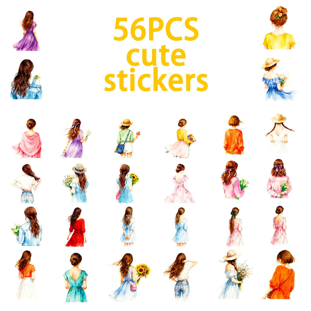 56PCS Watercolor Style Fashion Girl Silhouette Stickers, Office School Supplies Journal Notebook Fridge Aesthetic Sticker