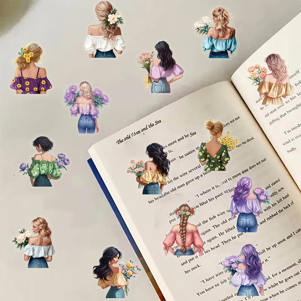 50PCS Flower Girl Sticker Motorcycle Aesthetic Cartoon Coffee Graffiti Luggage Aesthetic Motorcycle Skateboard Waterproof Sticke