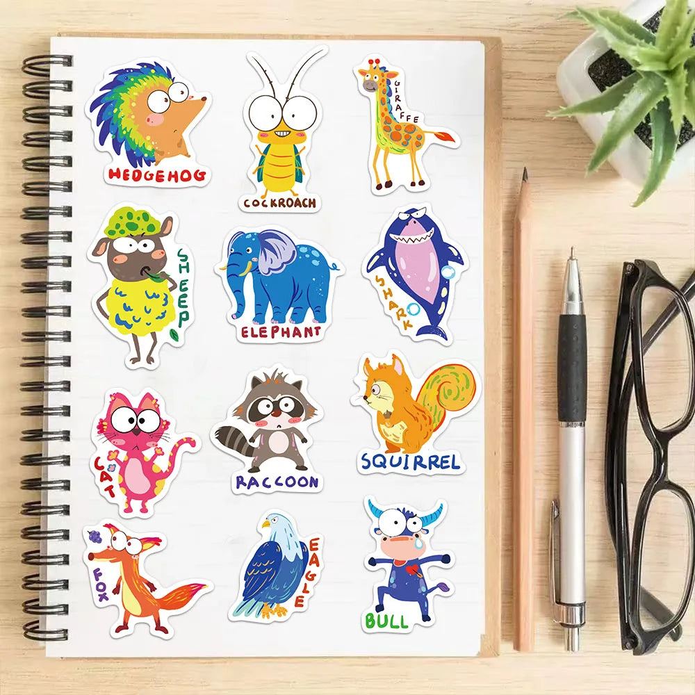 50PCS Children's English Cartoon Animal Graffiti Stickers DIY Luggage Laptop Tablet Speaker Decoration Stickers