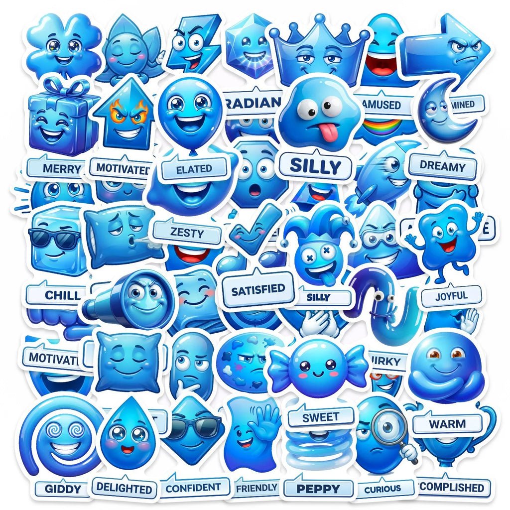 50/100 Pcs Blue Mood Management Stickers Cartoon Emoji Alphabet for Game Phone Toy Shelf File Holder Laptop Decals