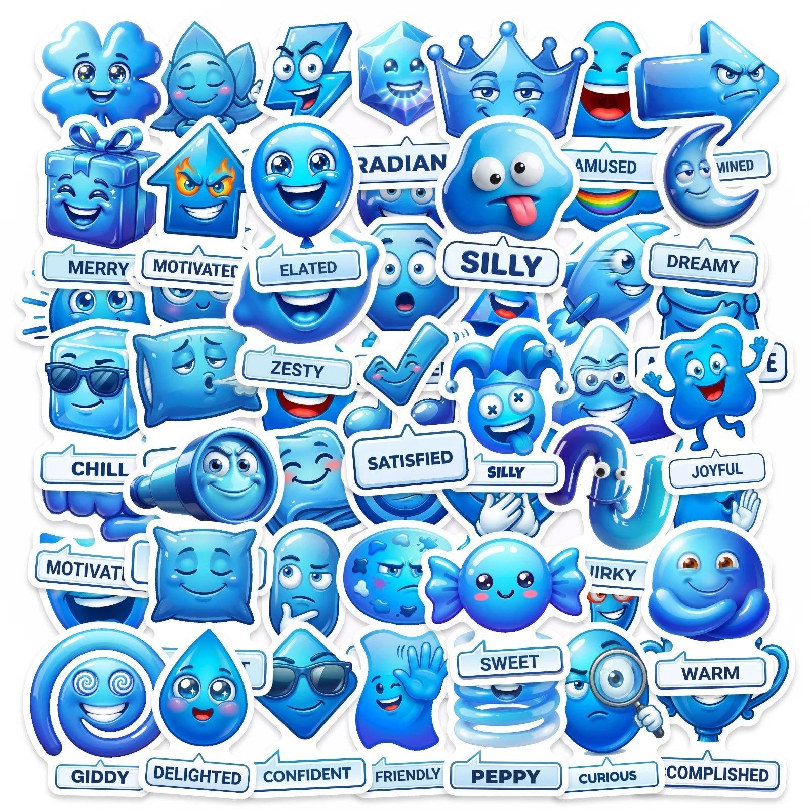 50/100 Pcs Blue Mood Management Stickers Cartoon Emoji Alphabet for Game Phone Toy Shelf File Holder Laptop Decals