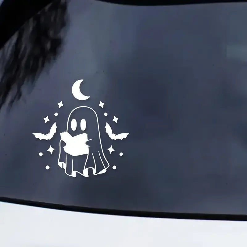 Polyvinyl Chloride Ghost Reading Book Decal - Spooky Bat and Stars Car Window and Laptop Sticker, Halloween Themed Ghost Holding
