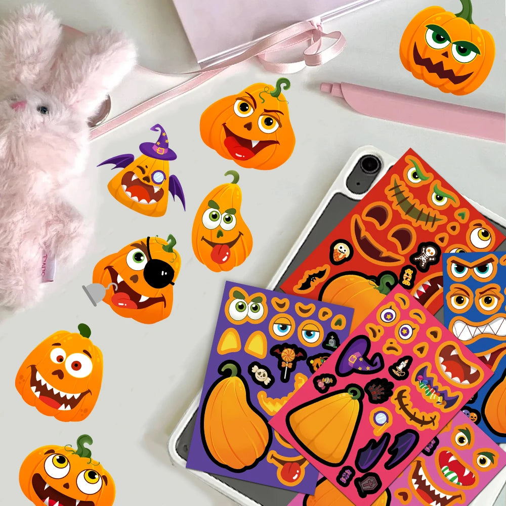 8PCS Halloween Fun and Funny Pumpkin Head Creative Collage DIY Manual for Phone Cases, Tablets, Water Cups, Decorative Stickers