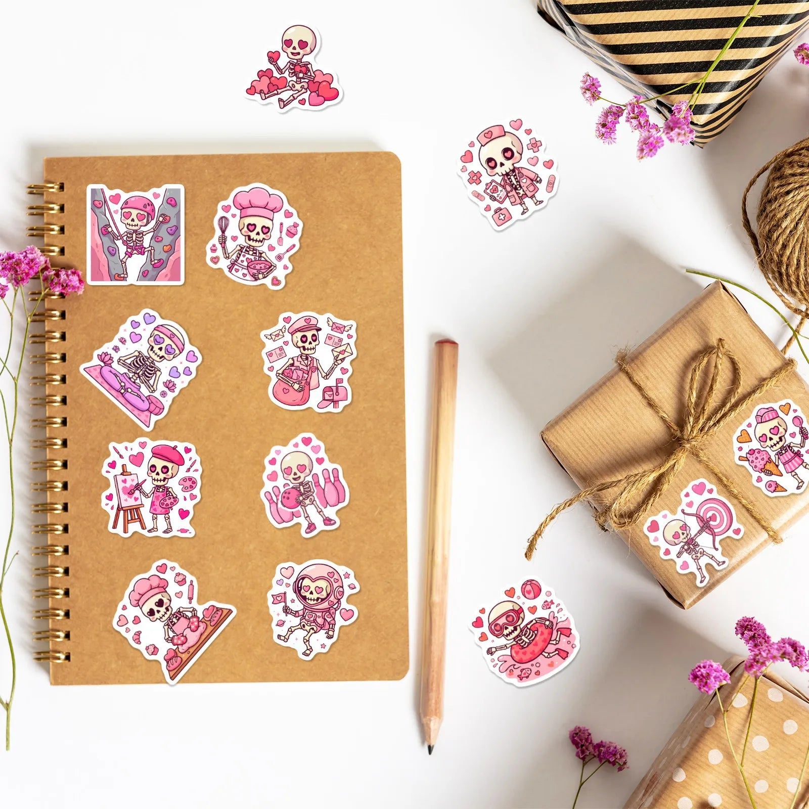 50/100 Pcs Pink Valentine Fun Skull Stickers Funny Heart Skeleton Waterproof DIY for Cup Phone Laptop Diary Helmet Decals