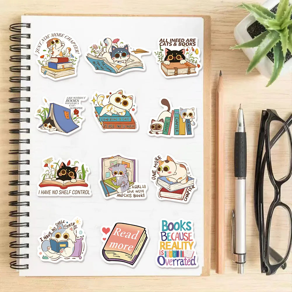 60PCS Reading Cat and Book Stickers Computer Decoration Luggage Stickers Handbooks Cute Series Materials Waterproof Stickers