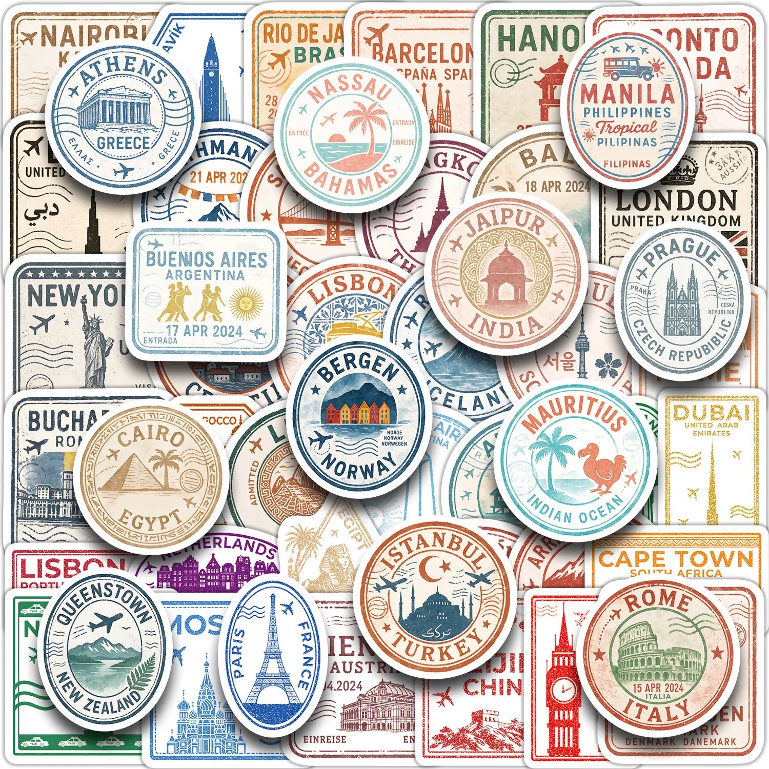 50-Pack Creative Graffiti Passport Stamp Decal Stickers for Students Stationery Water Cup Computer Waterproof Decoration