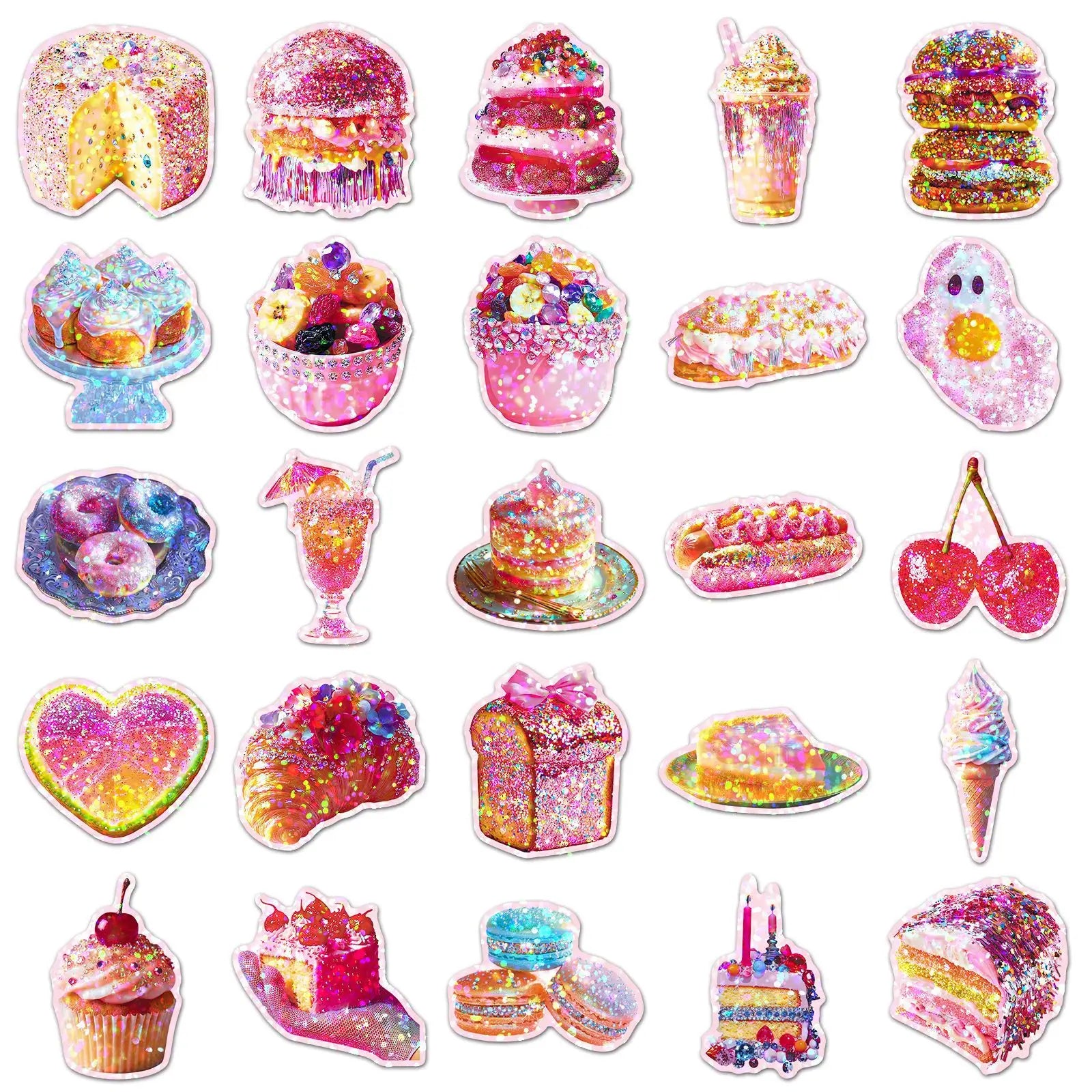 50-Pack Sparkling Laser-Colored Food Dessert Stickers for Notebook Luggage Student Stationery Decoration