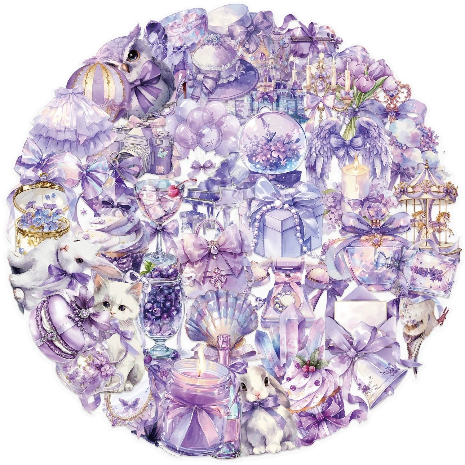 50/100PCS Cartoon Purple Dream Stationery Notebook Sticker Pack Waterproof Transparent PET Decorative Guitar Laptop Stickers
