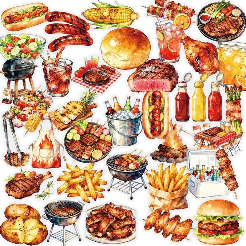 56PCS Colored Roast Food PET Sticky Sticker Aesthetic Tear Open DIY Decoration Scrapbooking Stationery Supplies for Kids