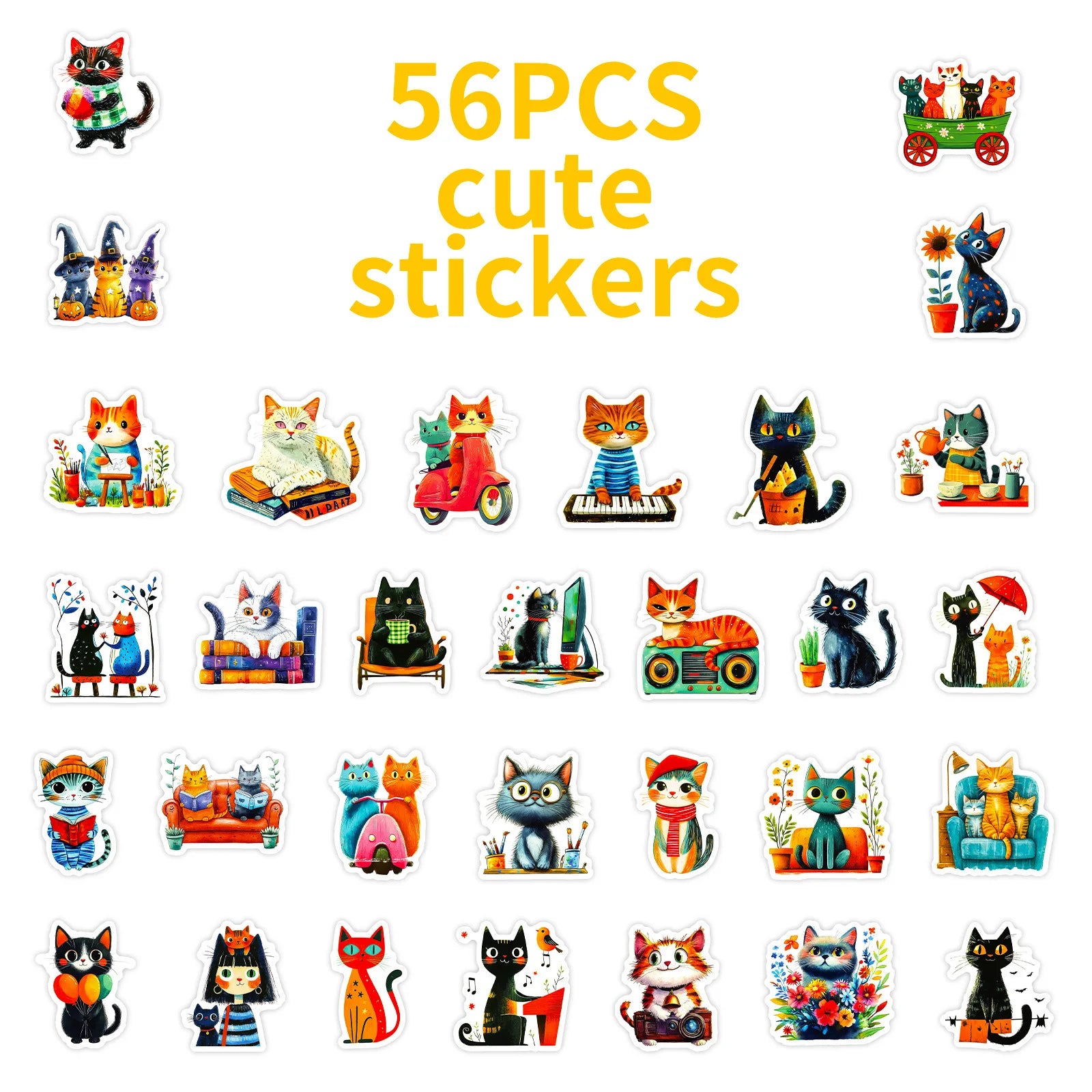 56/112Pcs Artistic Colorful Japanese Cat Doodle Stickers DIY for Scrapbook Notebook Stationery Box Pen Holder Phone Desk Bicycle