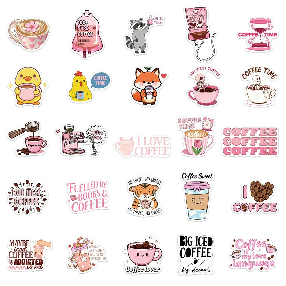 50/100PCS Cartoon Funny Coffee Sticker Small Fresh Cartoon Graffiti Cute Decorative Notebook Stationery Waterproof Sticker