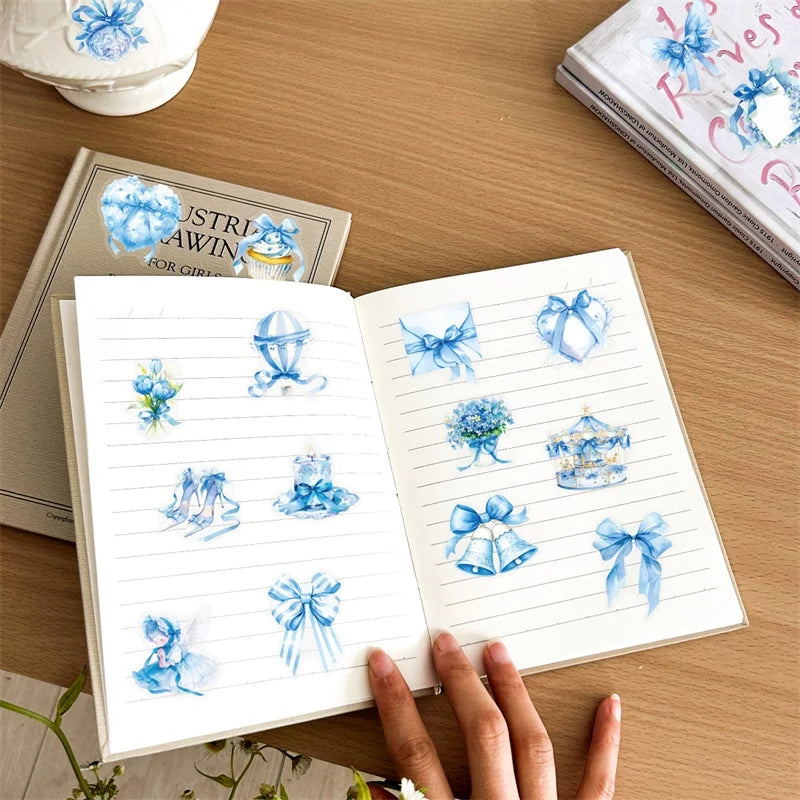 50PCS Kawaii Blue Bow PET Sticky Sticker Aesthetic Tear Open Korean Decoration Scrapbooking Stationery Supplies for Kids