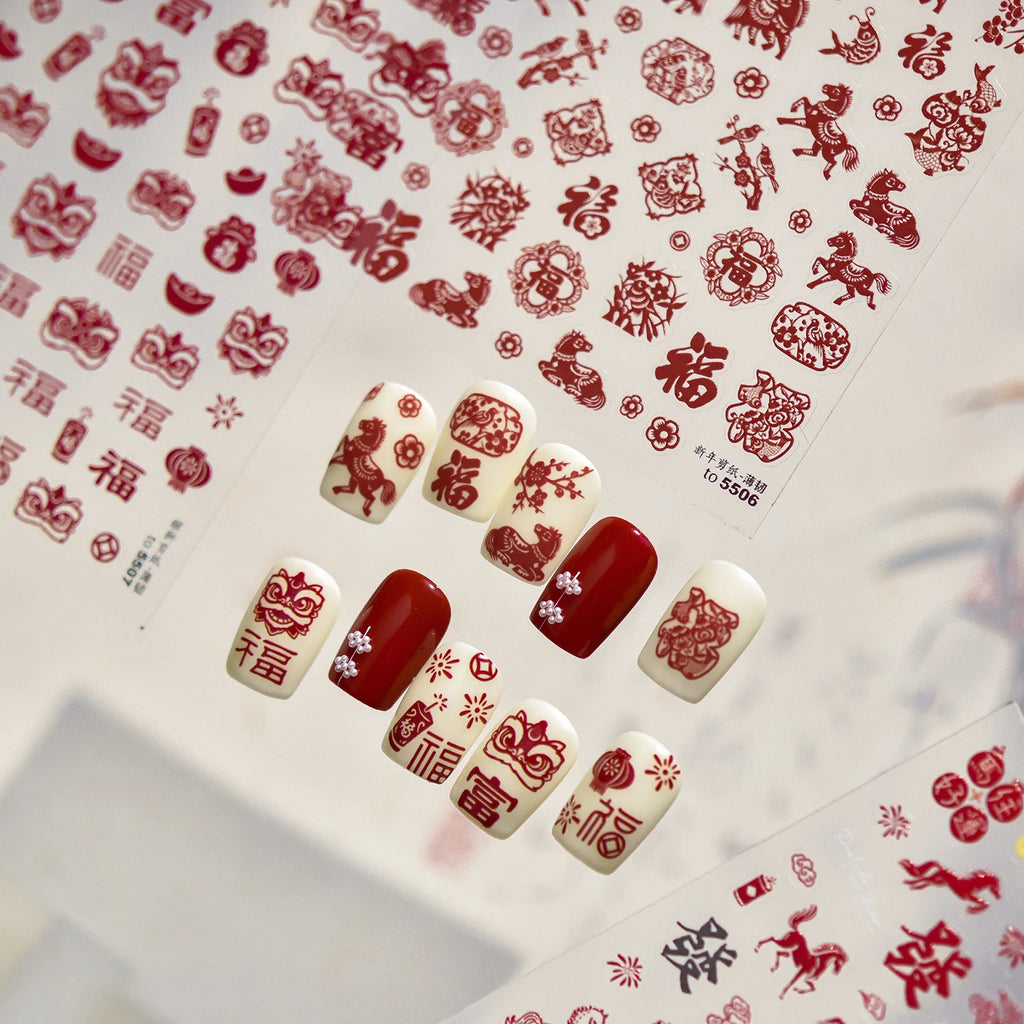 3D Thin and Tough Nail Stickers New Year Red Horse Paper-cutting Window Decorations Nail Art Stickers DIY Nails Accessory Decals