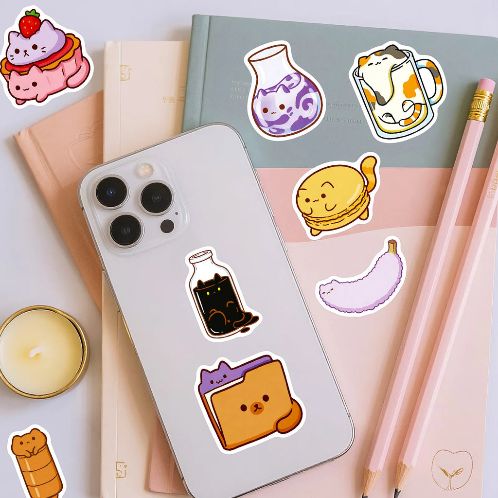 56PCS Cute Cat Bread Doodle Stickers Student Stationery Notebook Diary Office Supplies Storage Box Guitar Waterproof Stickers