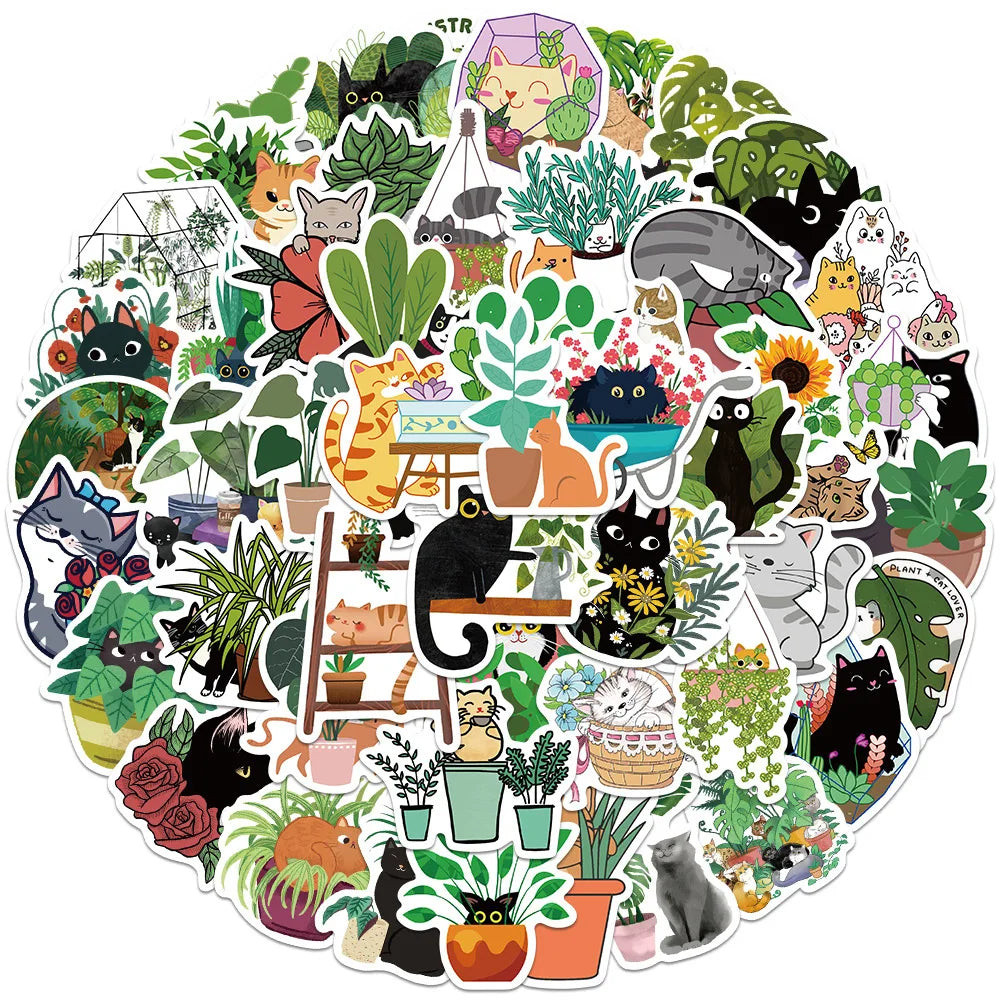 50PCS Cartoon Cat Plant Personalized Graffiti Creative Sticker Desk Refrigerator Mobile Phone Skateboard Decoration