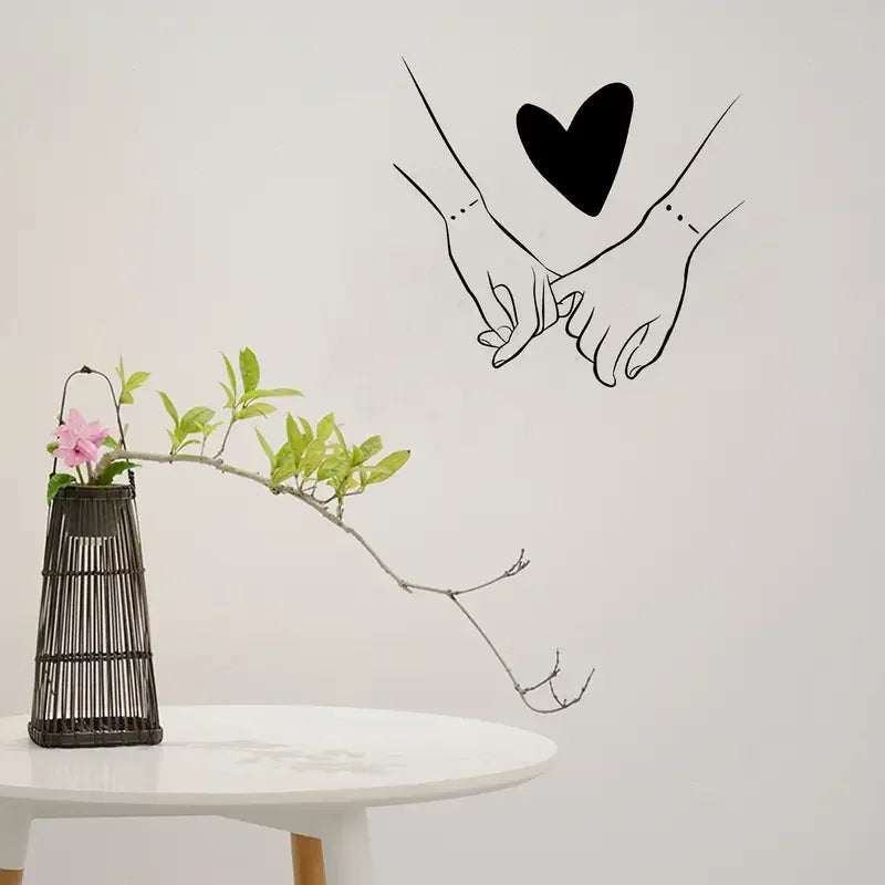 Romantic Couple Hands with Heart Wall Sticker - Self-Adhesive Removable PVC Decal for Living Room, Bedroom, Dining Area & Entryw