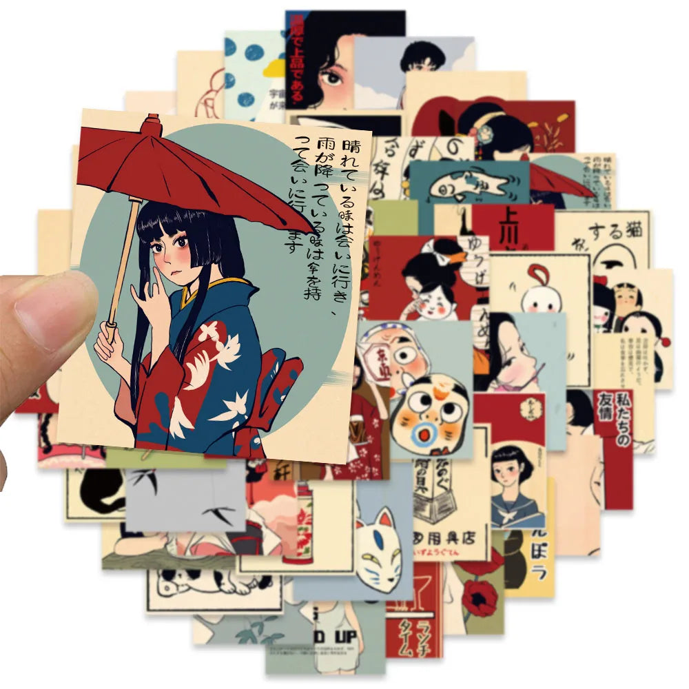 50PCS Retro Cartoon Japanese Culture Aesthetics Stickers DIY Manual Scrap Book Laptop Luggage Waterproof Graffiti Stickers