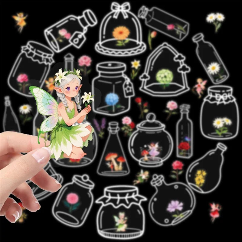 56PCS Kawaii Flower Bottle PET Sticky Sticker Aesthetic Tear Open DIY Decoration Scrapbooking School Stationery Supplies