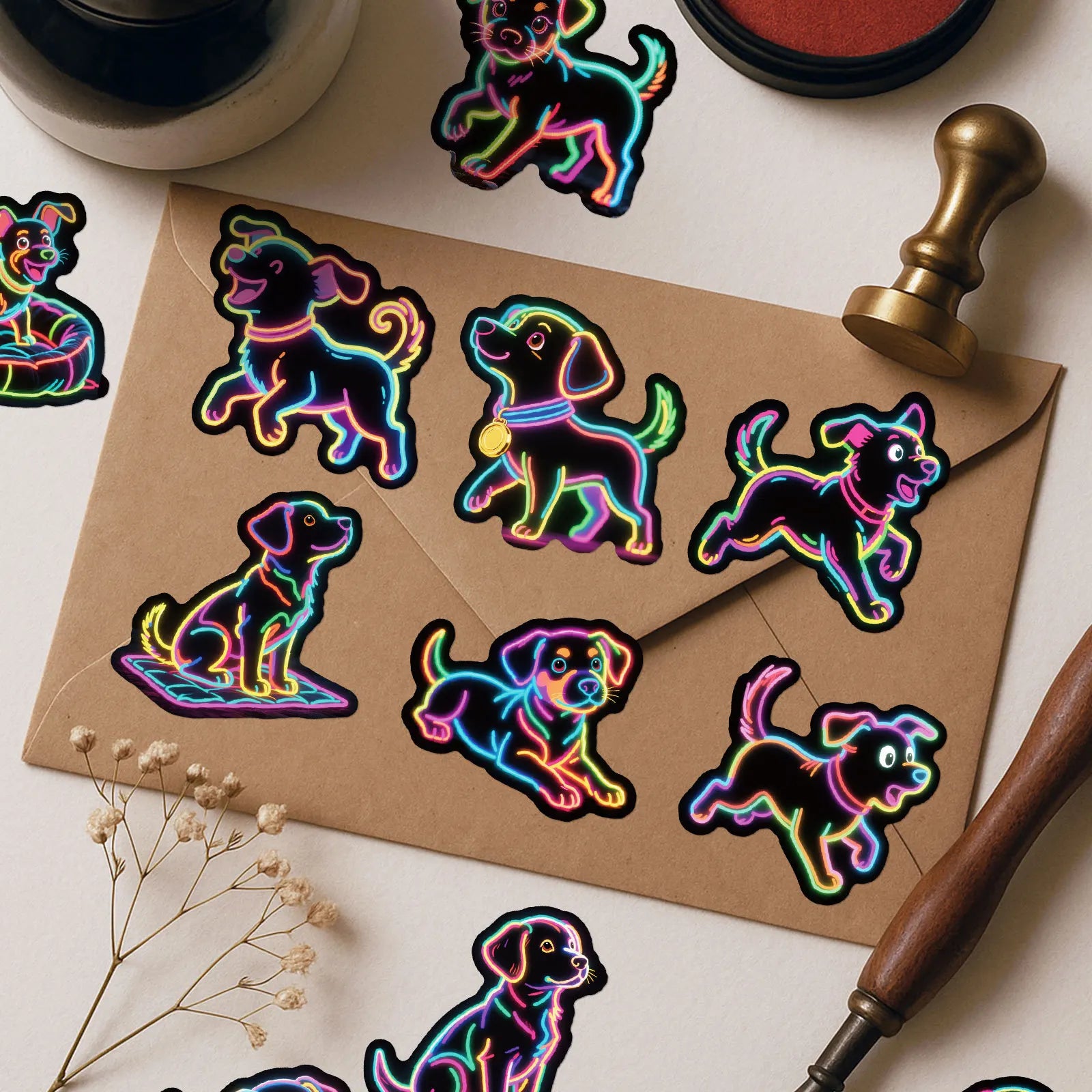 56/112PCS Neon Cartoon Dog Graffiti Stickers Creative Colorful Lantern Cartoon Dog Notebook Water Cup Decoration Stickers