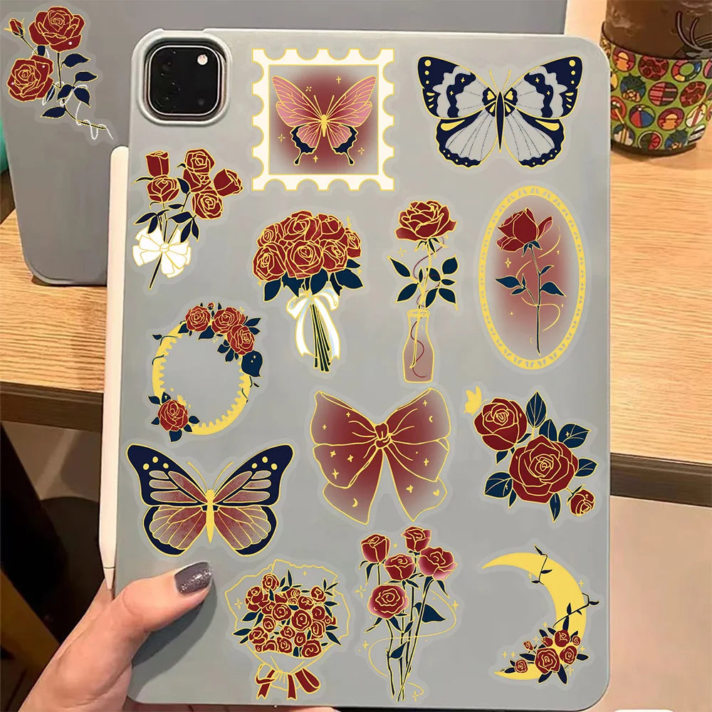 50PCS Retro Rose Gift Decorative Stickers, Computer Scrapbook, Refrigerator, Phone Case, Toy Decoration, Hot Stamping Stickers