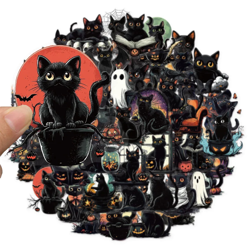 50PCS Halloween Black Cat Fun PET Stickers Decoration Computer Scrapbook Refrigerator Phone Case Speaker Guitar Toy Stickers