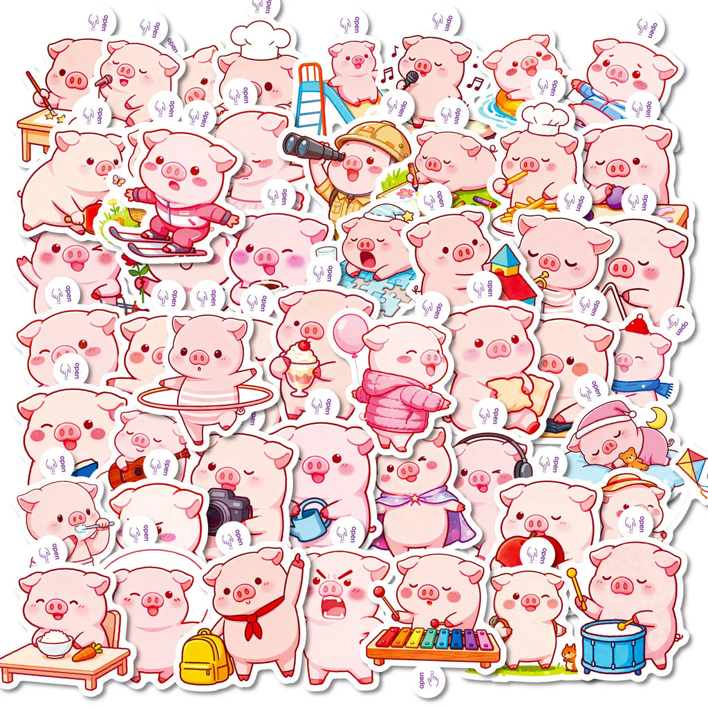 50/100PCS Cartoon Cute Pink Pig Pig Small Handle Decoration Graffiti Waterproof Stationery Notebook Stickers