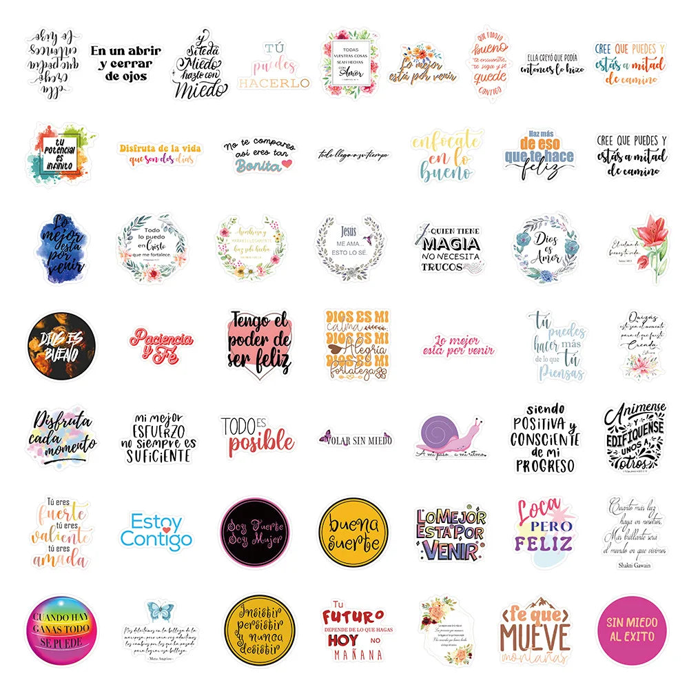 50PCS Spanish Motivational Phrase Stickers for Decor Water Bottles Desktop Computers Cars Stationery Notebooks Stickers