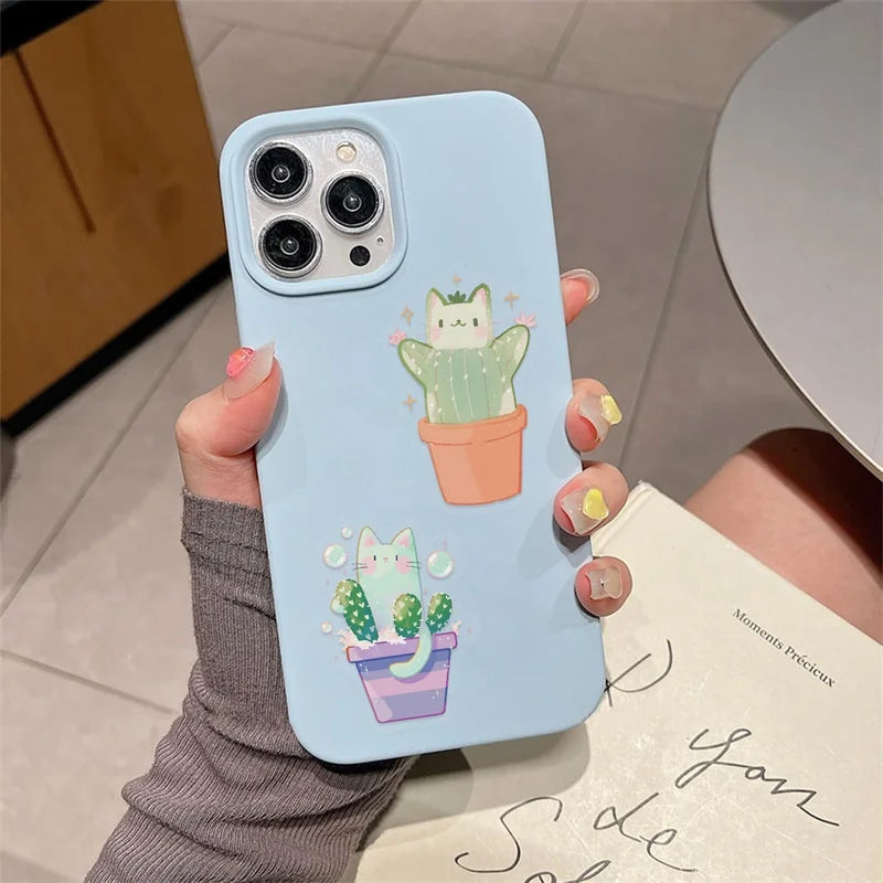 50PCS Kawaii Cactus Cat PET Phone Sticker Aesthetic Tear Open Decoration DIY Colored Laptop Luggage Graffiti Decals