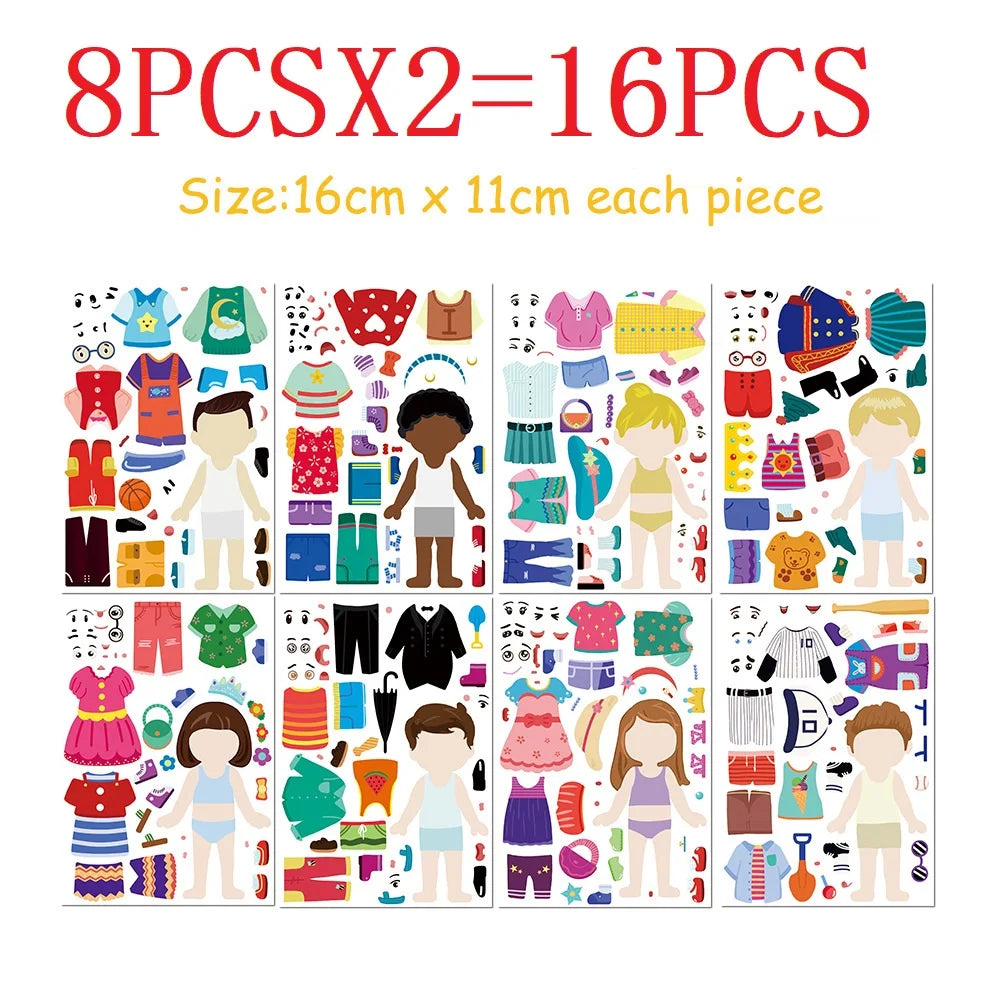 8/16/24PCS Children's Dress Up Puzzle Stickers Cute Cartoon Creative Fun Children's Puzzle Account Material Waterproof Stickers