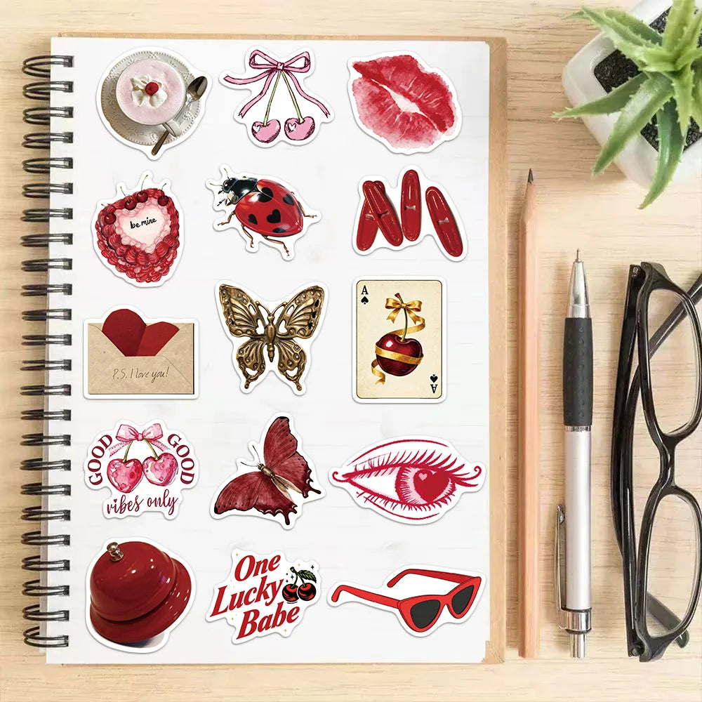 50PCS Cherry Colored Girl Decorative Stickers DIY Scrapbook Phone Case Laptop Tablet Toy Decorative Stickers