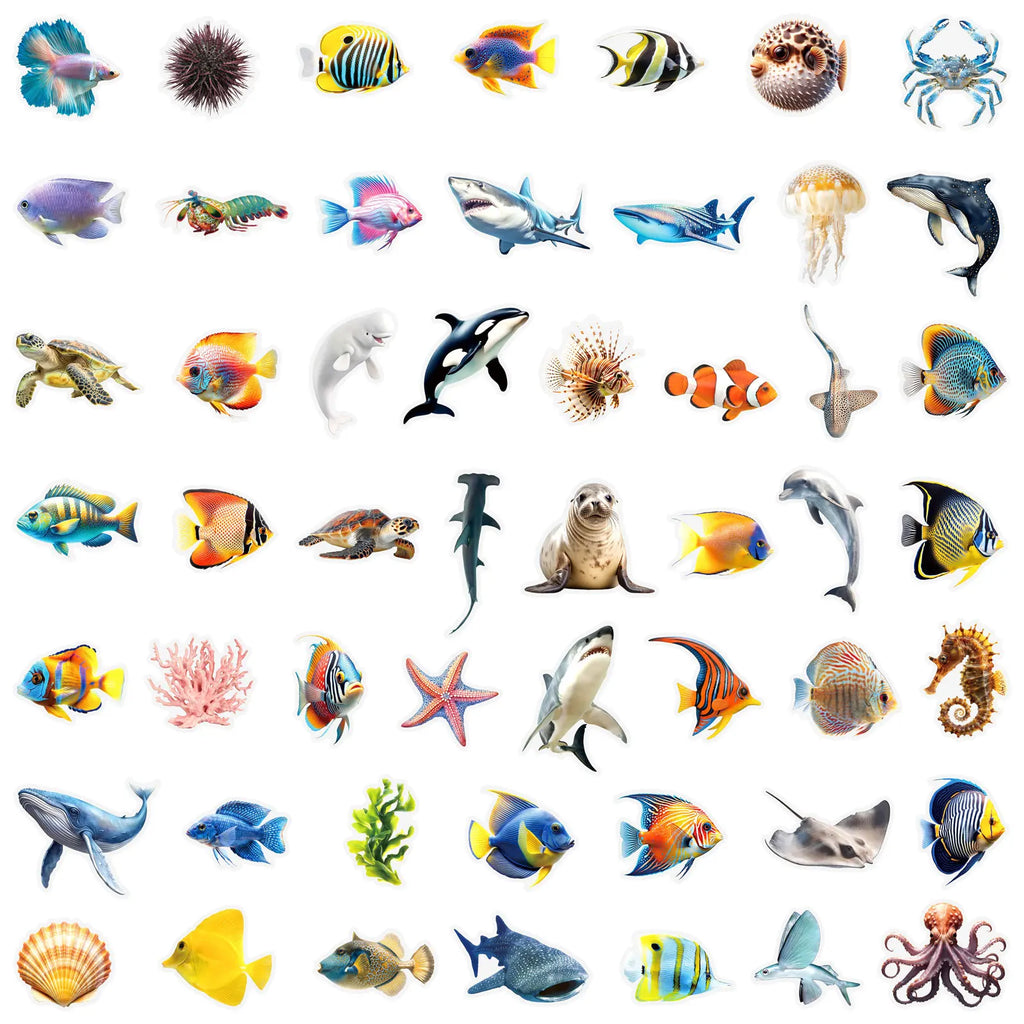 50/100Pcs Underwater World Marine Animal PET Clear Waterproof Stickers for Wall Book Scrapbook Stationery Box Phone Laptop Decal