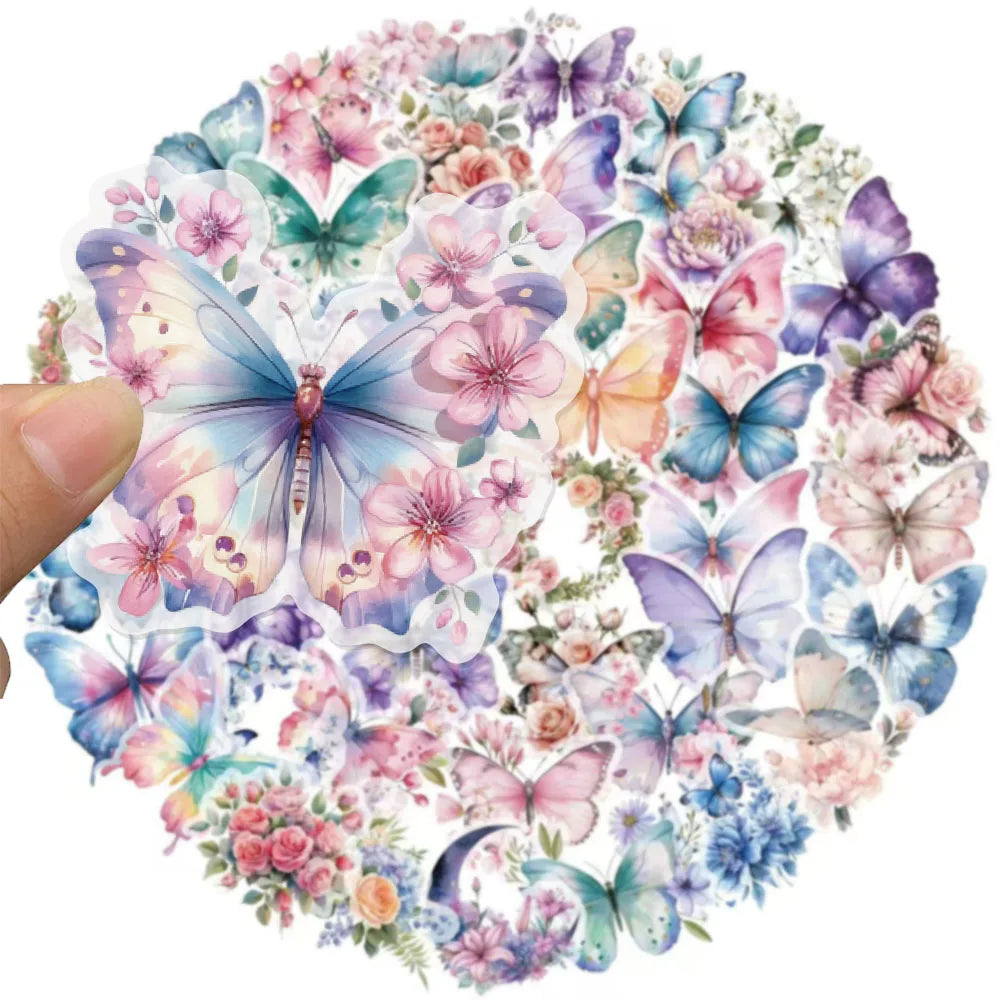 50PCS Butterfly Stickers Packaging Transparent PET Brochure Flower Material Decoration Tablet Laptop Waterproof Stickers