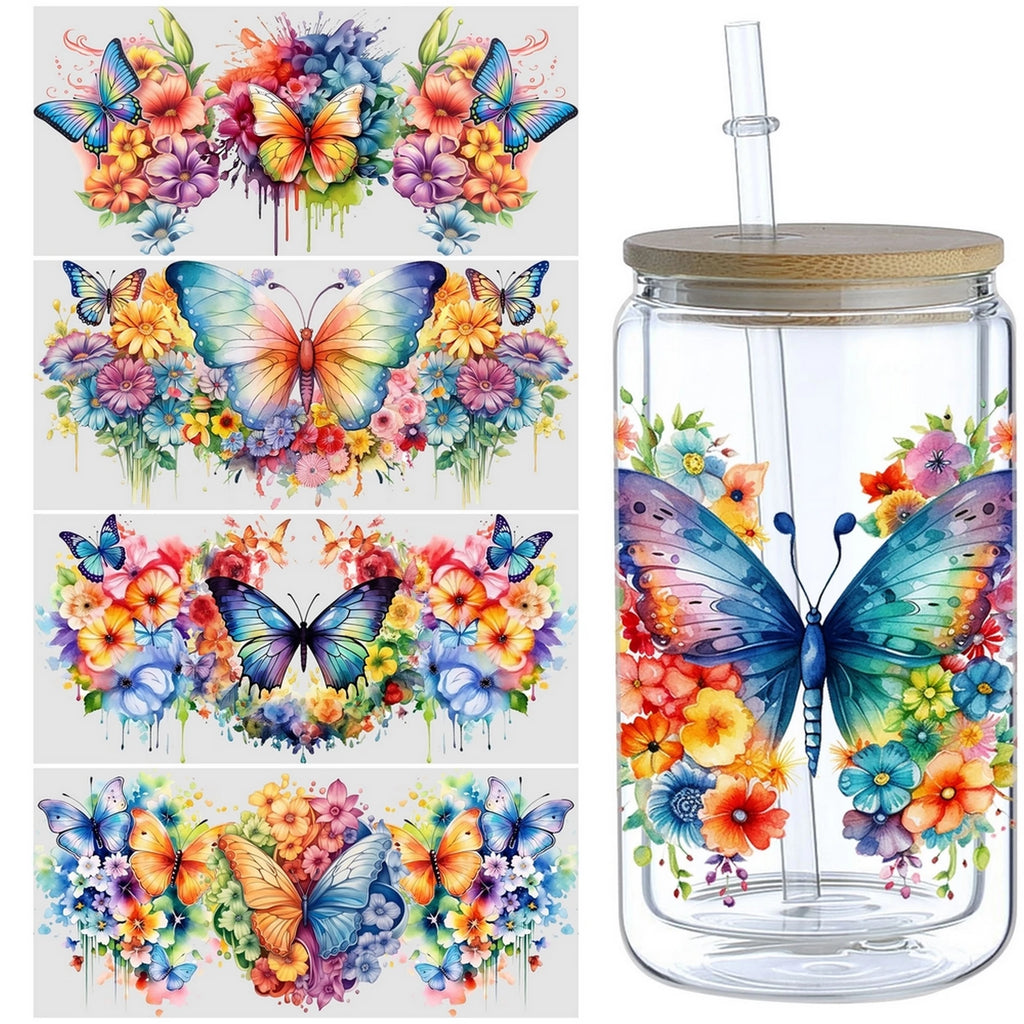 5 sheets Butterfly UV DTF Cup Stickers, DTF Friction Transfer Stickers, Waterproof Animal Transfer Stickers for 16oz Glass
