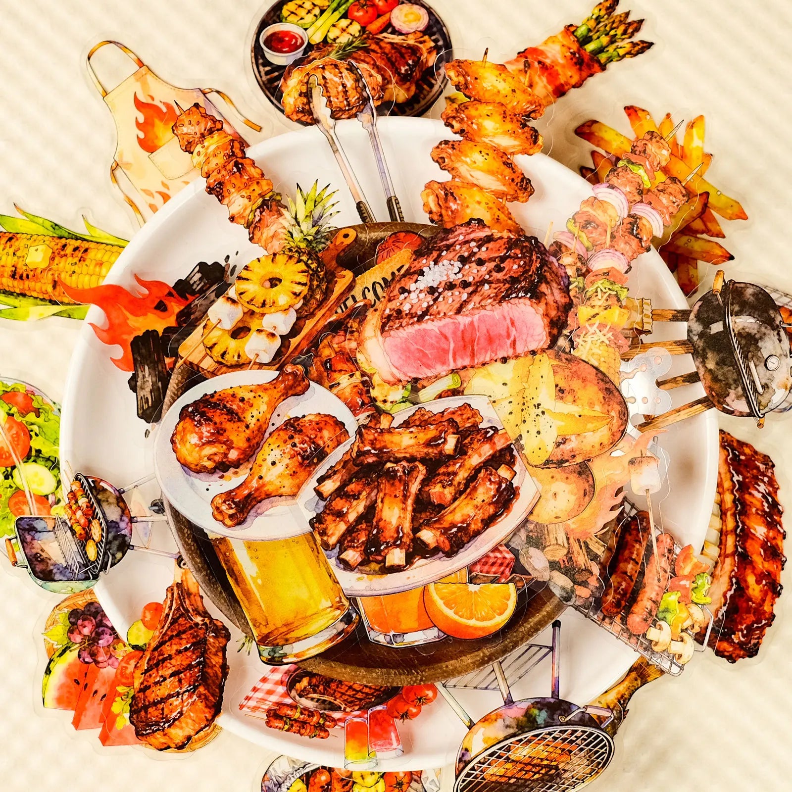 56/112Pcs BBQ Food Kitchen Theme PET Stickers, Stationery Notebook Phone Guitar Gift Box Luggage Fridge Decor Aesthetics Decals