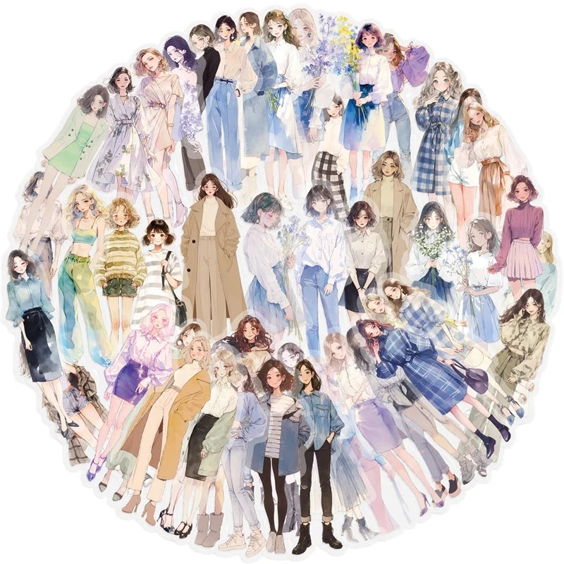 50PCS Kawaii Fashion Girl PET Sticky Sticker Aesthetic Korean Stationery DIY Decoration Scrapbooking School Supplies for Kids