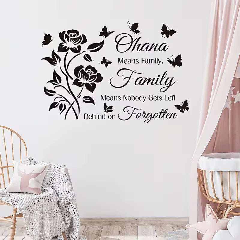 One Ohana Family Quote Wall Sticker | Roses & Butterflies Design | Home Decor Art Set for Indoors, Windows, Doorways, Mirrors &