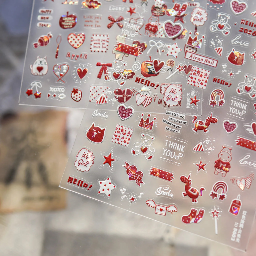 New Year Nails 3D Decorations Stickers Cute Red Graffiti Mini Horse Heart Bow tie Nail Art Stickers DIY Adhesive Nails Stickers