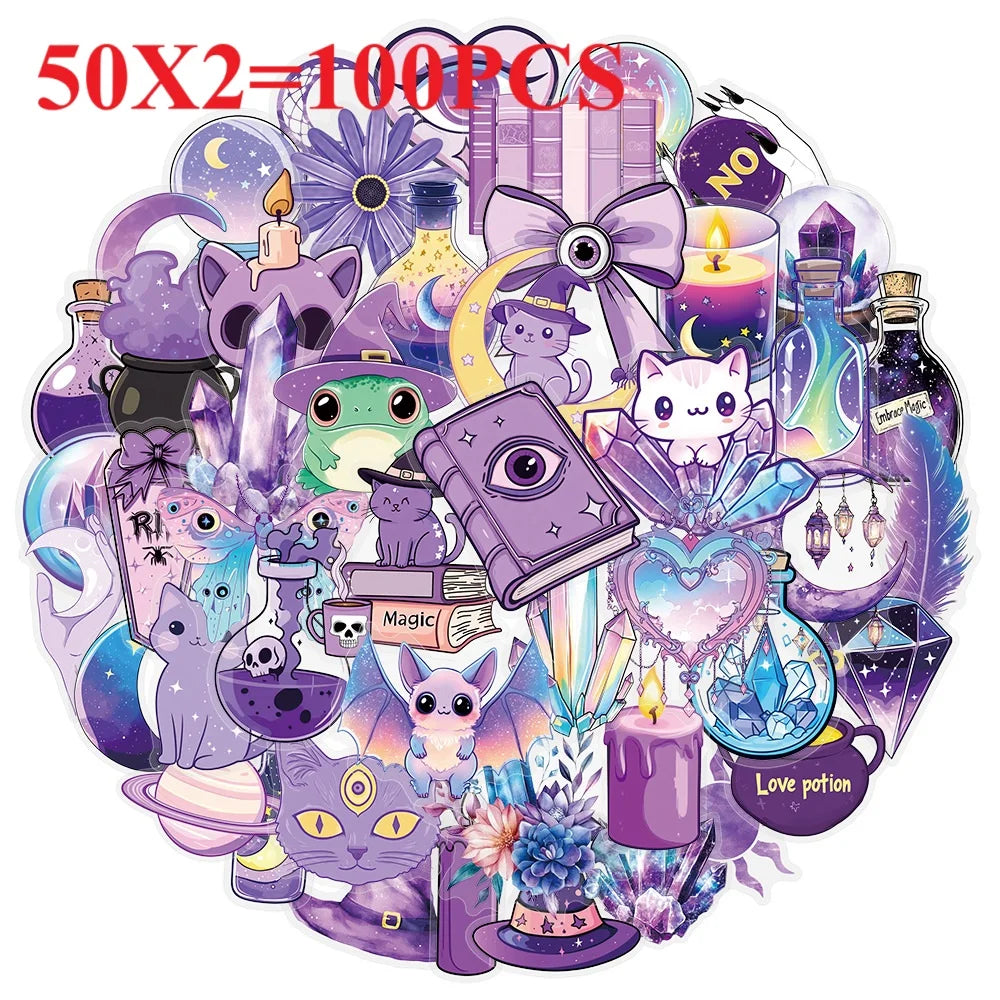 50/100PCS Transparent PET Laser Gothic Witch Stickers Tablet Phone Creative Stickers Notebook Stationery Children Reward Decor