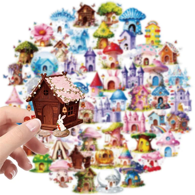 56PCS Fairy Tale Mushroom PET Sticky Sticker Aesthetic Tear Open DIY Decoration Scrapbooking Stationery Supplies for Kids