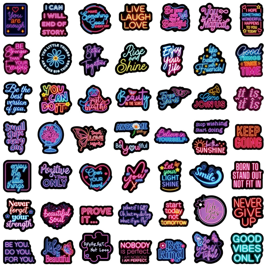 50-Pack Waterproof Neon Motivational Text Stickers for Refrigerator Helmet Skateboard Laptop Water Bottle Stationery Notebook