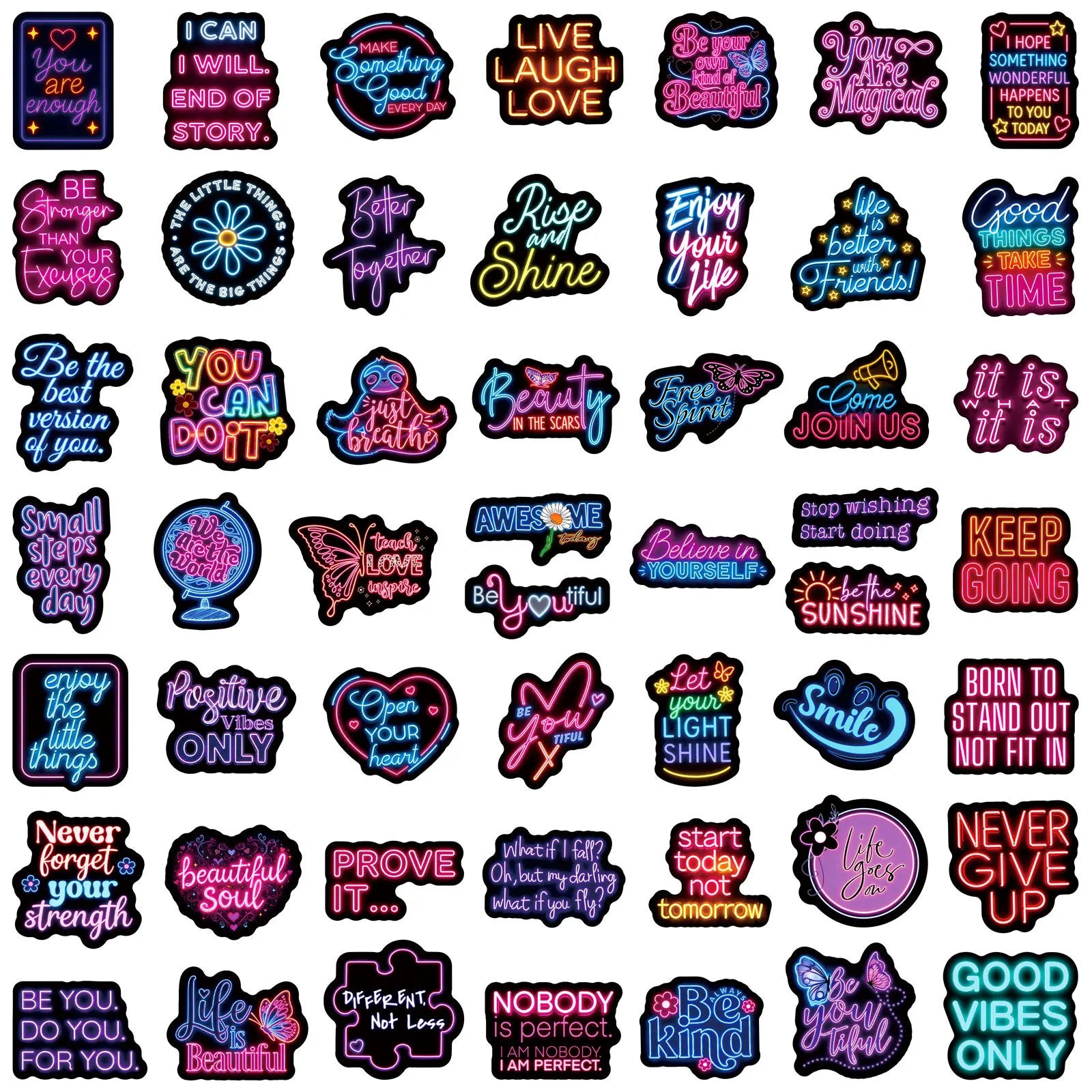50-Pack Waterproof Neon Motivational Text Stickers for Refrigerator Helmet Skateboard Laptop Water Bottle Stationery Notebook