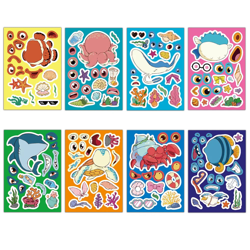 8PCS Cartoon Ocean Fish Animal Face Changing Graffiti Stickers Fun Stickers DIY Phone Case Laptop Water Cup Computer Toy Sticker