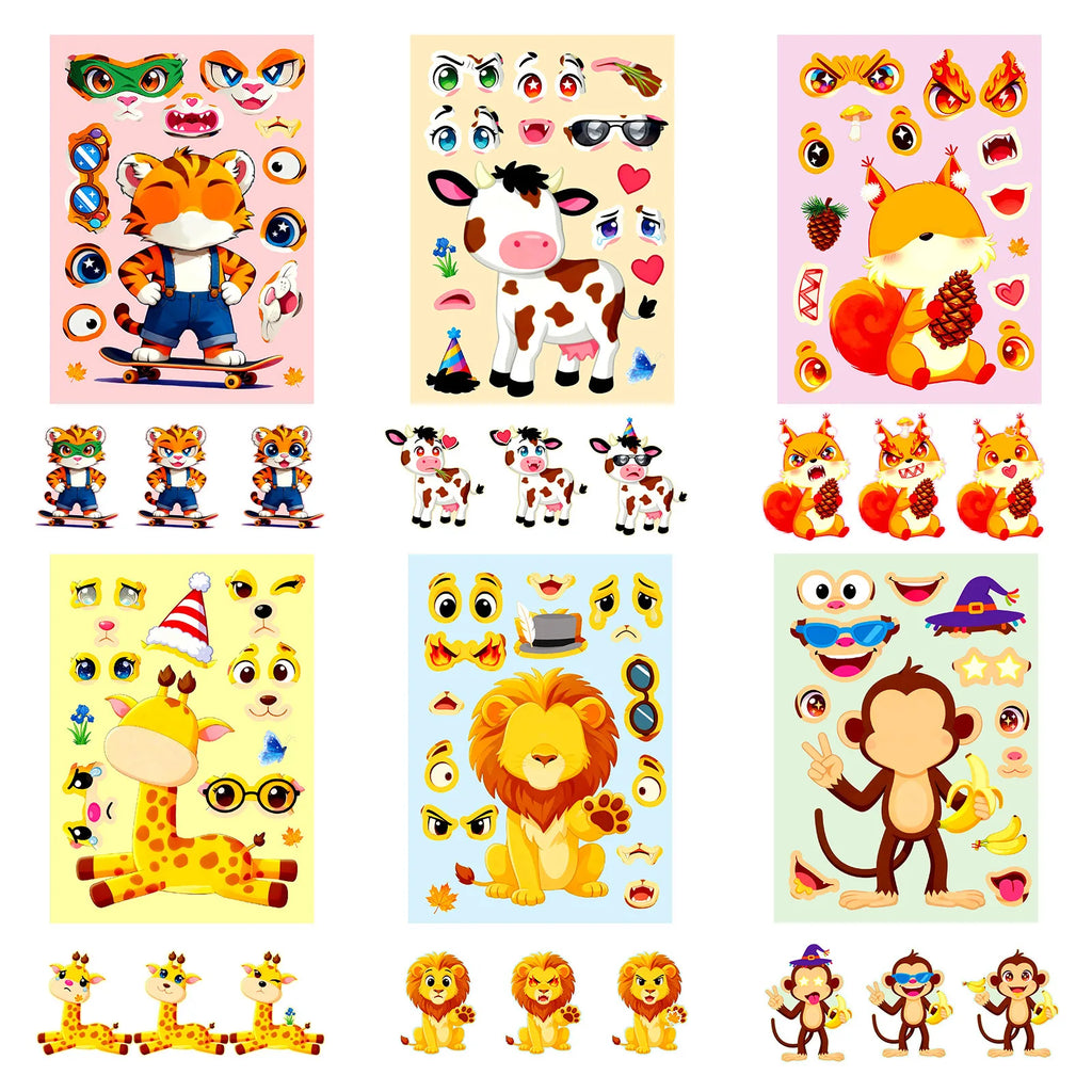 6/12 Pcs Big Eye Animal Cartoon Puzzle Face Swap Make a Face Stickers DIY Toys for Fridge Notebook Suitcase Removable Decals
