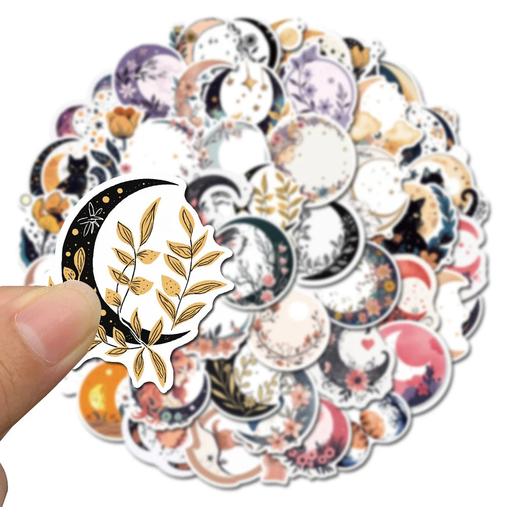 50PCS Moon Flower and Cat Stickers Laptop Phone Decoration Scrapbook Guitar Motorcycle Graffiti Luggage Waterproof DIY Sticker