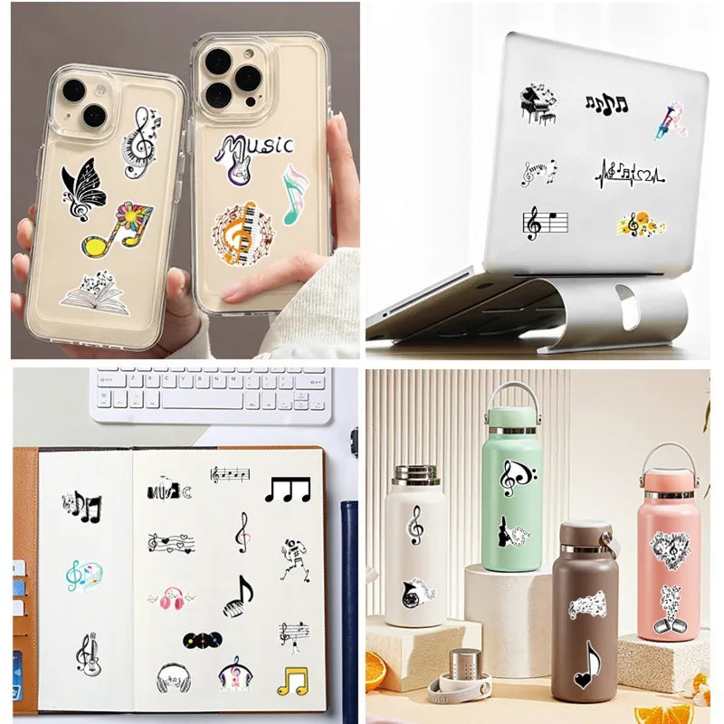 50/100PCS Music Note Doodle Stickers Waterproof Vinyl Decals for Suitcase Journal Laptop Skateboard Guitar Decor
