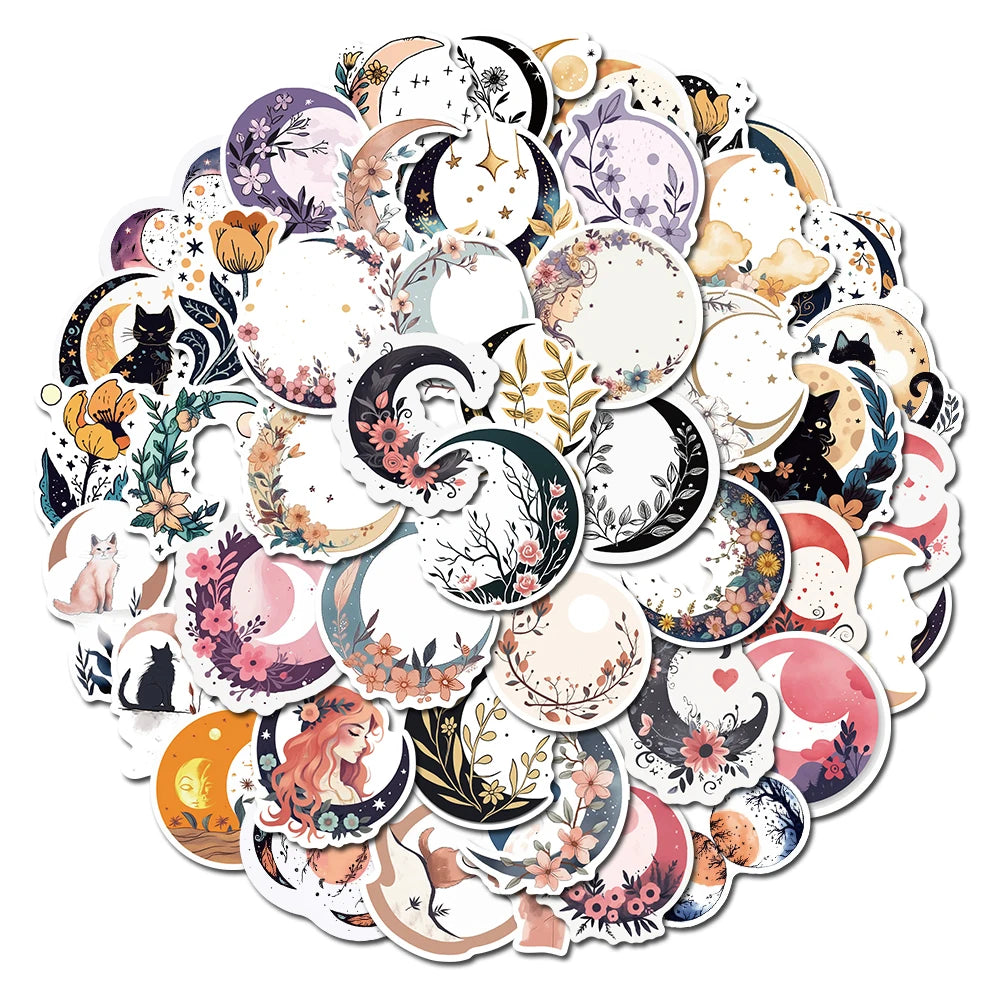 50PCS Moon Flower and Cat Stickers Laptop Phone Decoration Scrapbook Guitar Motorcycle Graffiti Luggage Waterproof DIY Sticker