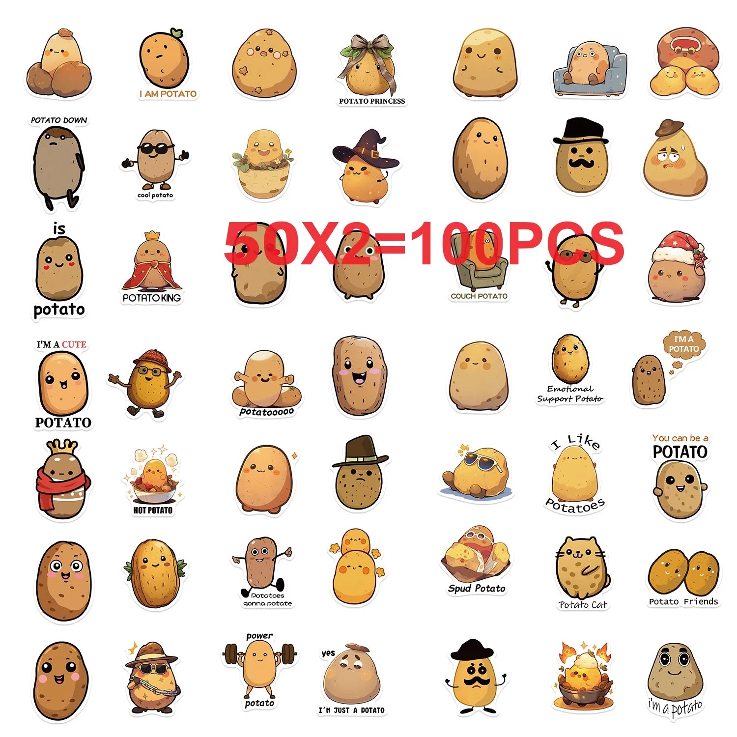 50/100 Fun Cartoon Potato Stickers Guitar Notebook Luggage DIY Waterproof Stationery Stickers
